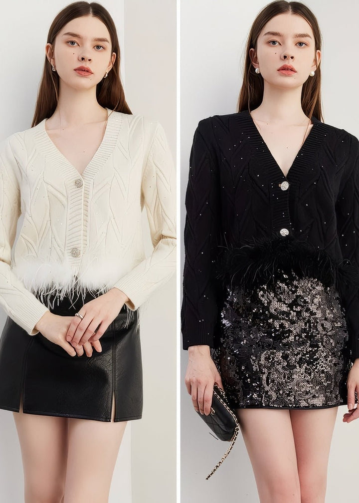 Fur - Trimmed Cable Knit Cardigan - Vera Lumina
