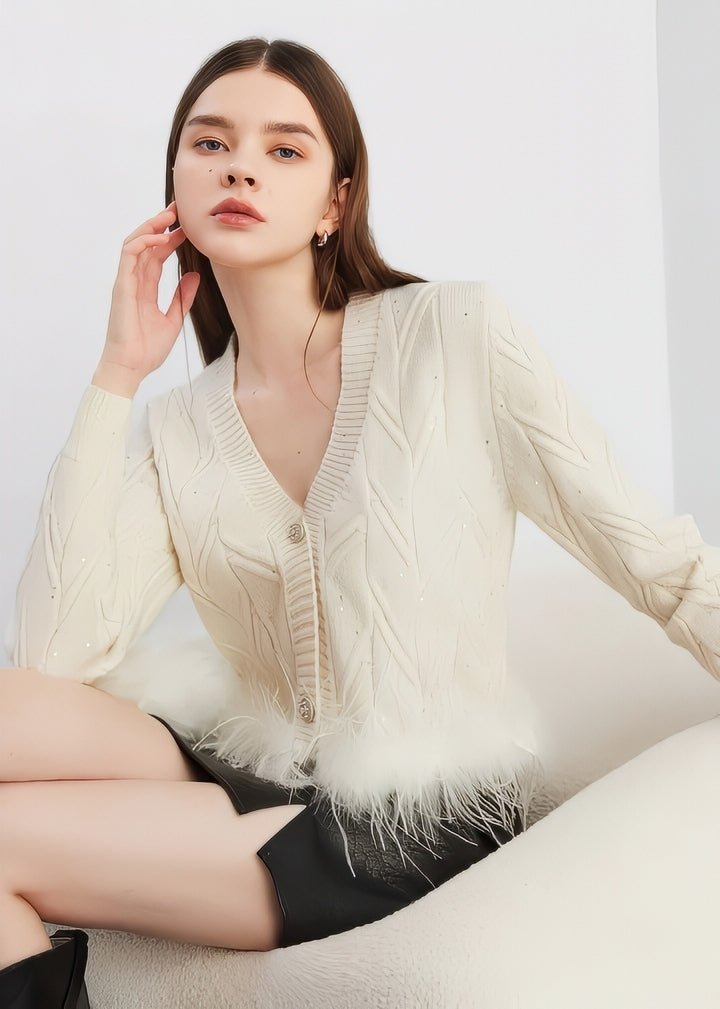 Fur - Trimmed Cable Knit Cardigan - Vera Lumina
