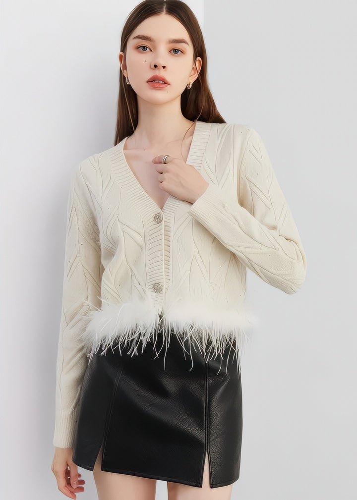 Fur - Trimmed Cable Knit Cardigan - Vera Lumina
