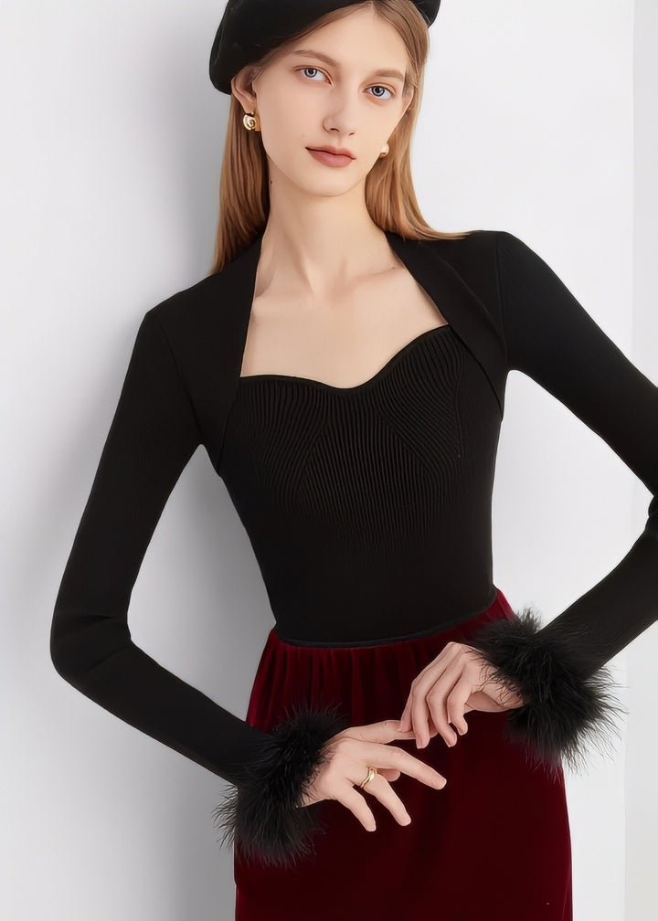 Fur - Trimmed Heart Neck Ribbed Knit Top - Vera Lumina