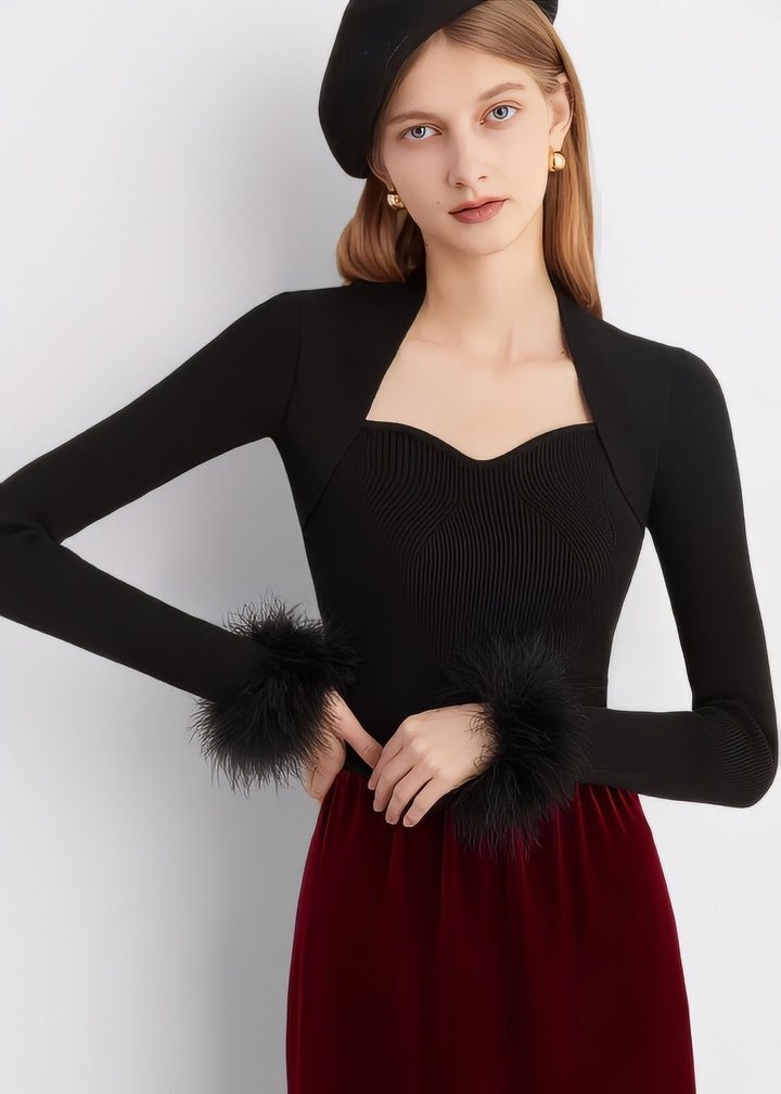 Fur - Trimmed Heart Neck Ribbed Knit Top - Vera Lumina