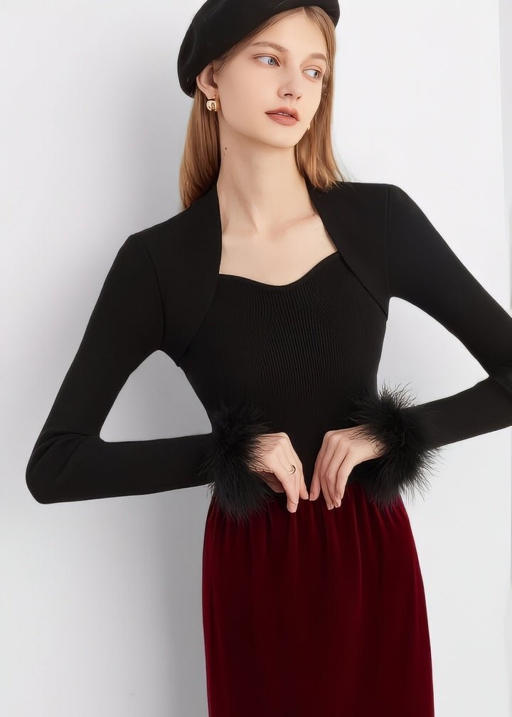 Fur - Trimmed Heart Neck Ribbed Knit Top - Vera Lumina