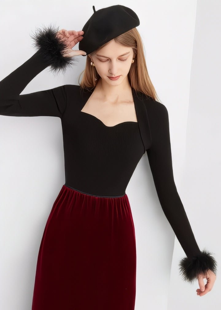 Fur - Trimmed Heart Neck Ribbed Knit Top - Vera Lumina