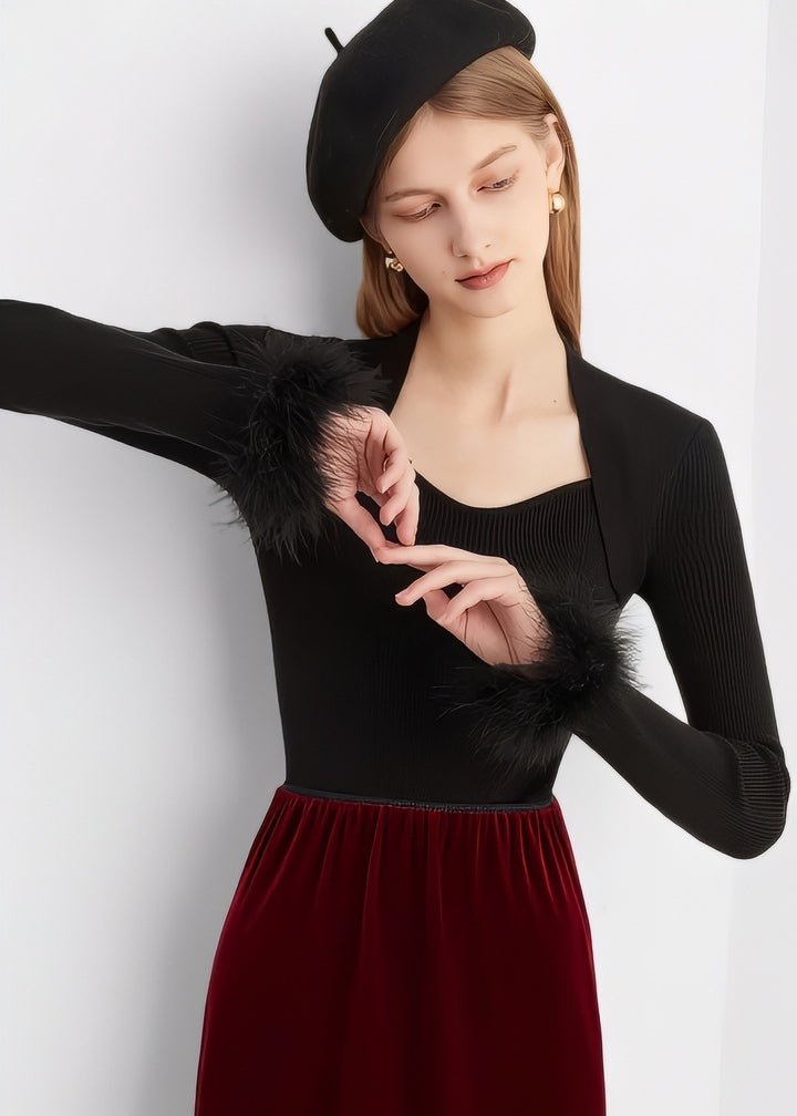 Fur - Trimmed Heart Neck Ribbed Knit Top - Vera Lumina