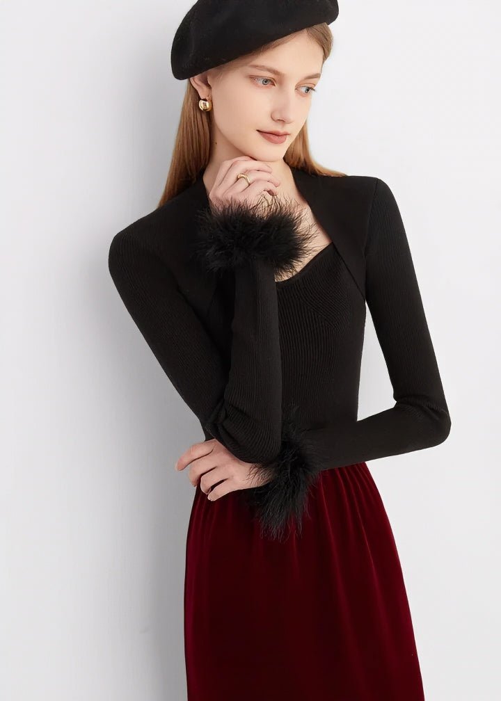 Fur - Trimmed Heart Neck Ribbed Knit Top - Vera Lumina