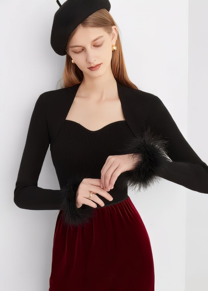 Fur - Trimmed Heart Neck Ribbed Knit Top - Vera Lumina