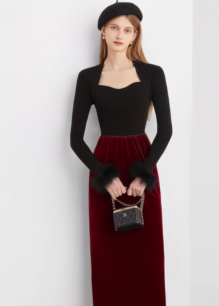 Fur - Trimmed Heart Neck Ribbed Knit Top - Vera Lumina
