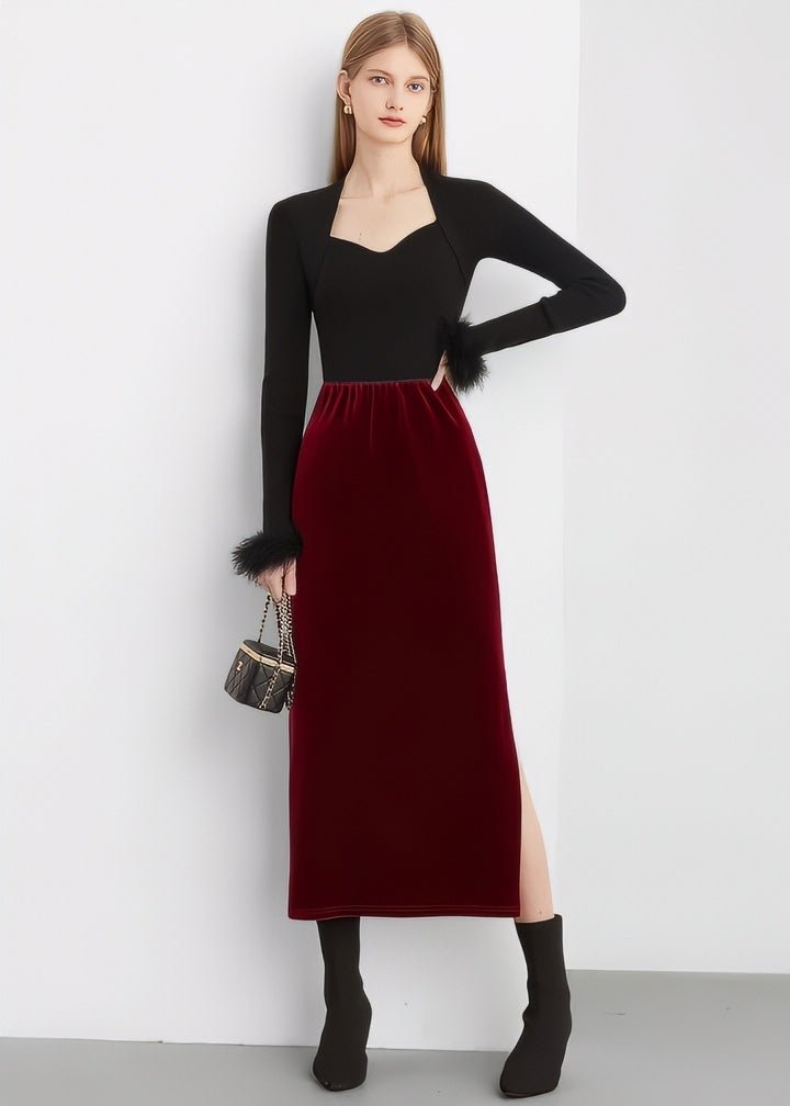 Fur - Trimmed Heart Neck Ribbed Knit Top - Vera Lumina