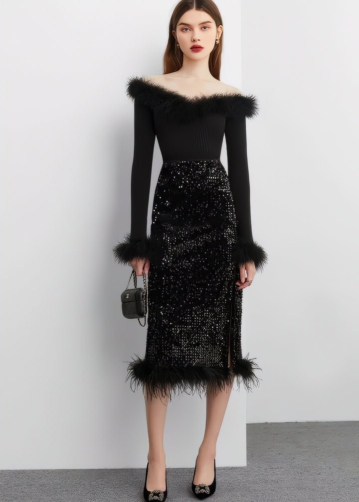 Fur - Trimmed Sequin Tight Skirt & Tops - Vera Lumina