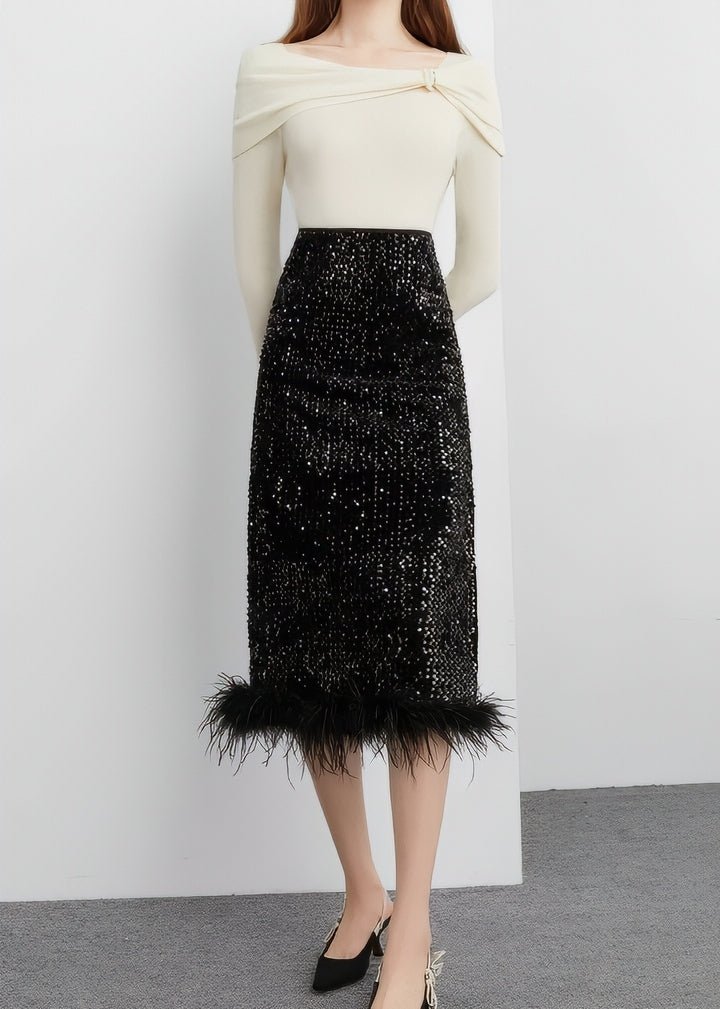 Fur - Trimmed Sequin Tight Skirt & Tops - Vera Lumina
