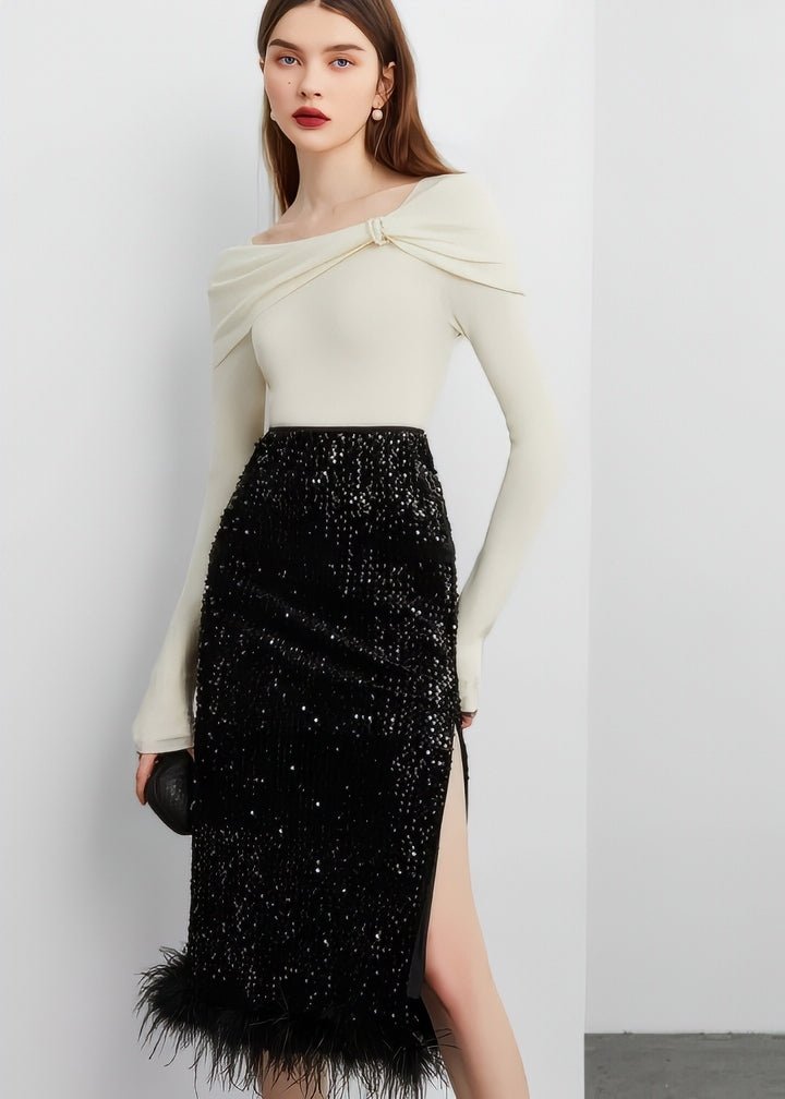 Fur - Trimmed Sequin Tight Skirt & Tops - Vera Lumina
