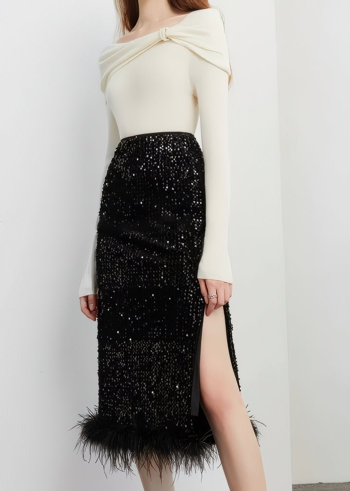 Fur - Trimmed Sequin Tight Skirt & Tops - Vera Lumina
