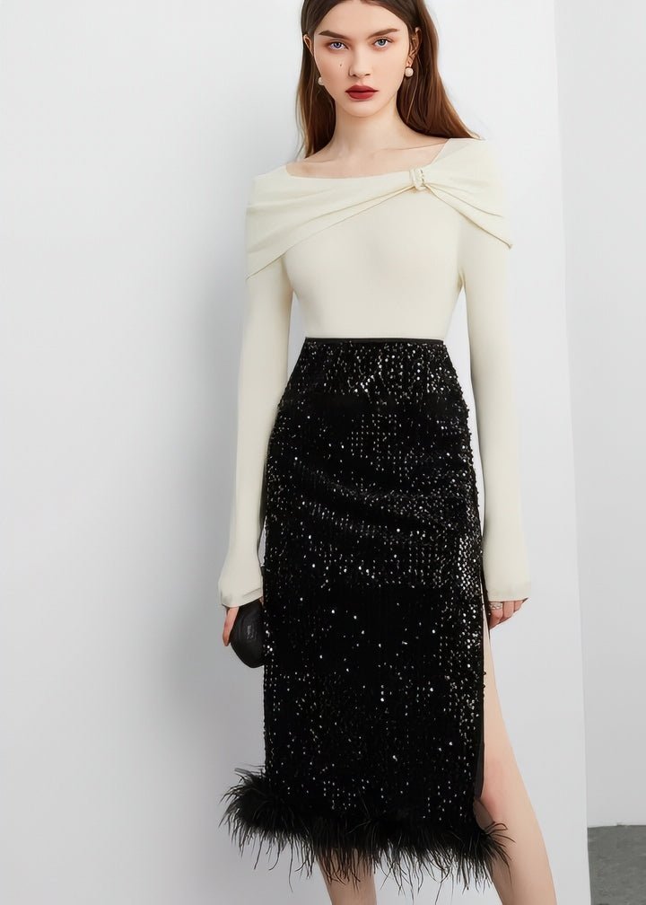 Fur - Trimmed Sequin Tight Skirt & Tops - Vera Lumina