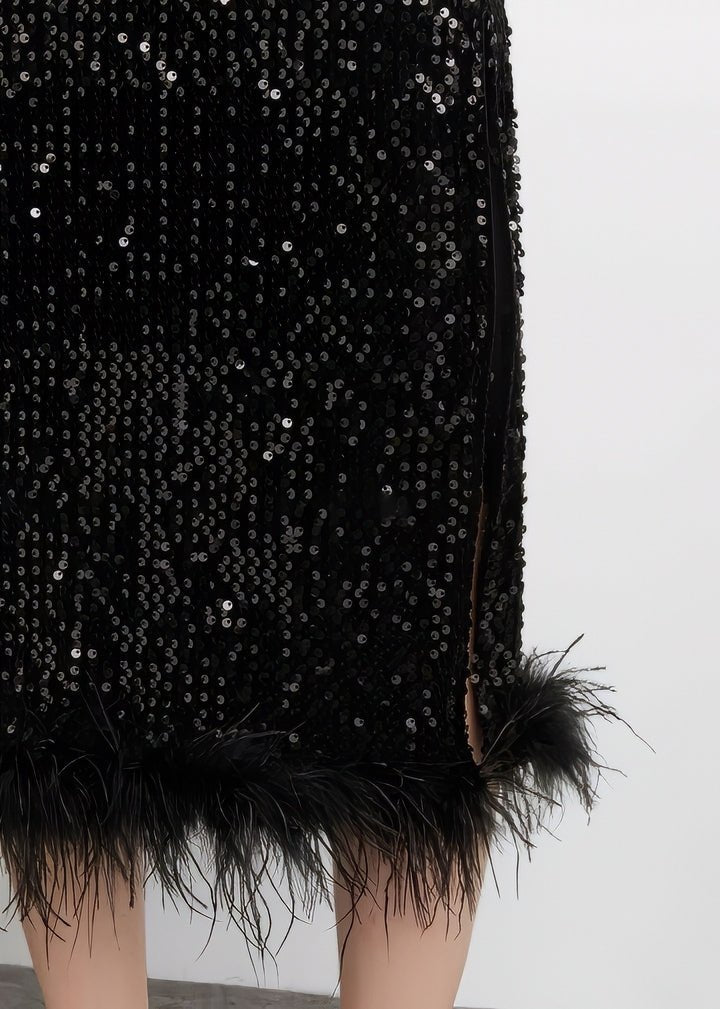 Fur - Trimmed Sequin Tight Skirt & Tops - Vera Lumina