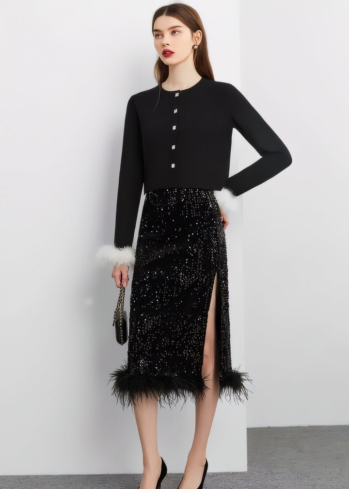 Fur - Trimmed Sequin Tight Skirt & Tops - Vera Lumina