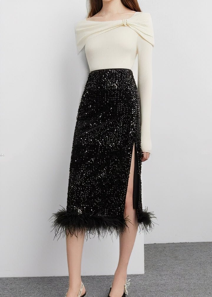 Fur - Trimmed Sequin Tight Skirt & Tops - Vera Lumina