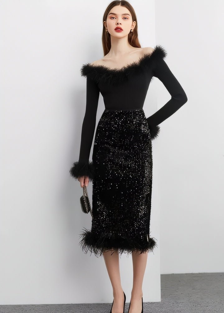 Fur - Trimmed Sequin Tight Skirt & Tops - Vera Lumina