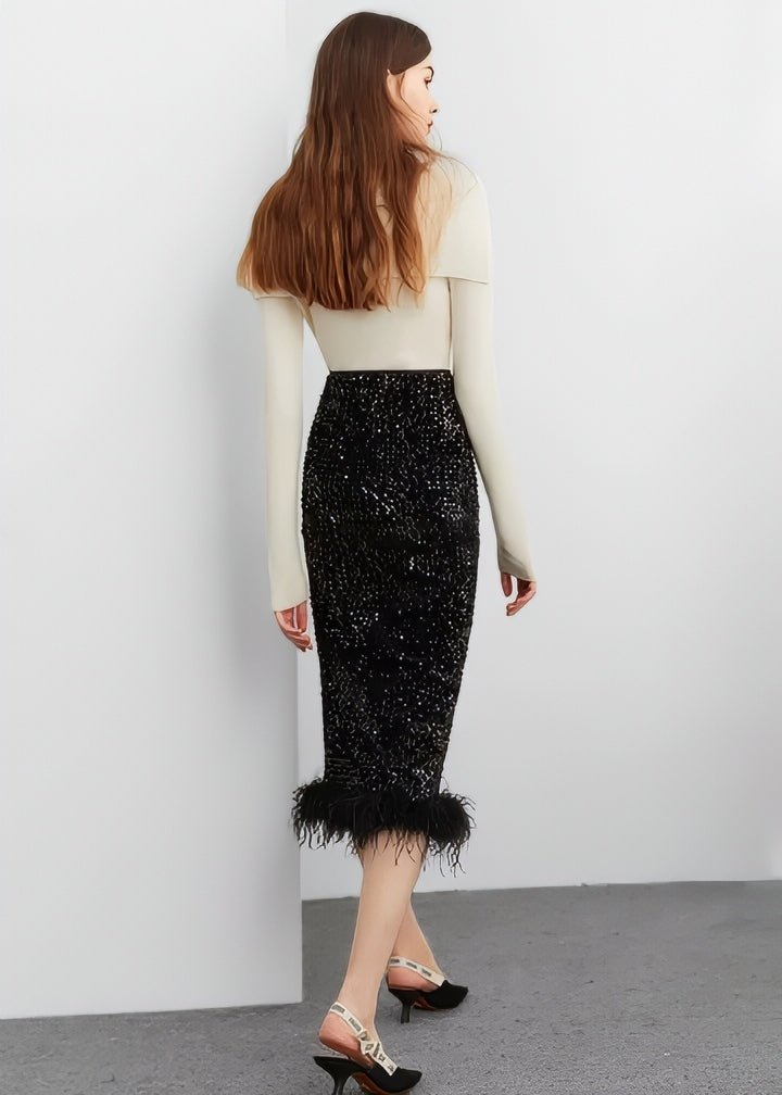 Fur - Trimmed Sequin Tight Skirt & Tops - Vera Lumina