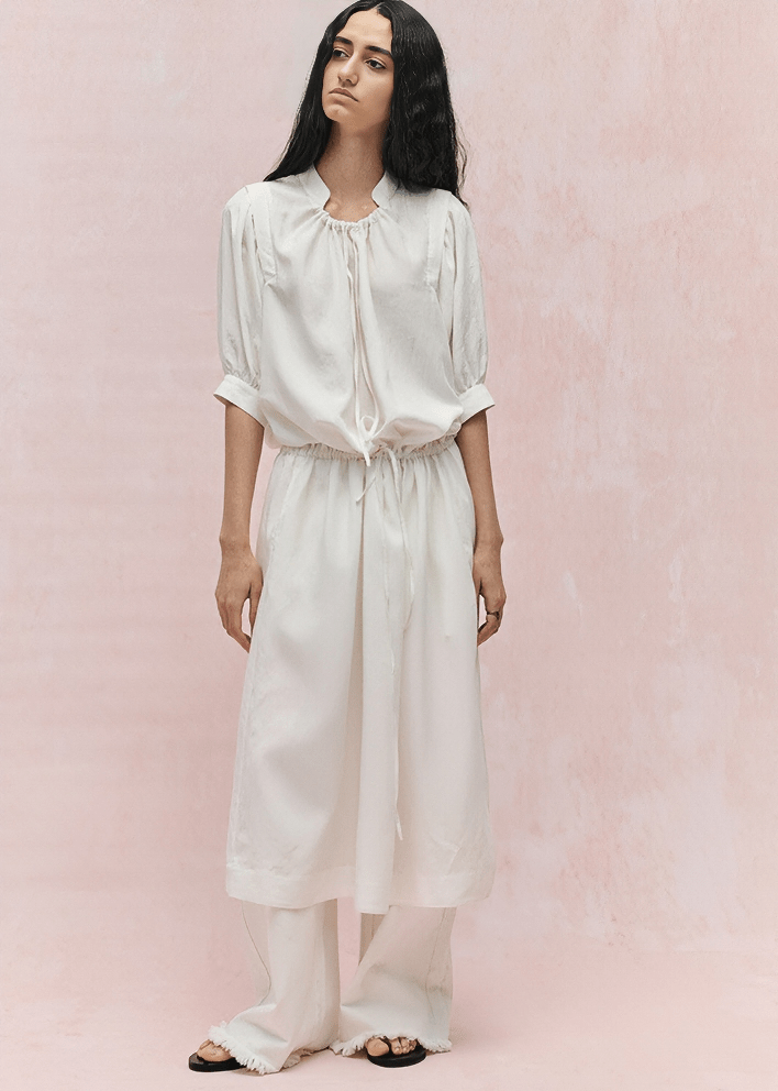 GATHERED WAIST BALLOON SLEEVE MIDI DRESS - Vera Lumina