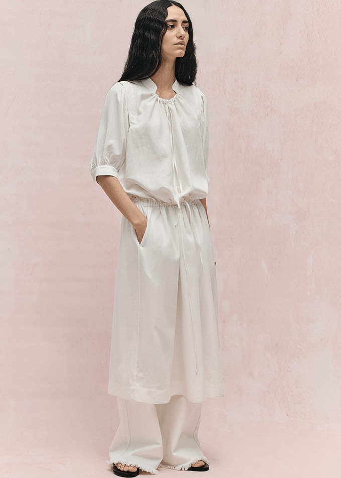 GATHERED WAIST BALLOON SLEEVE MIDI DRESS - Vera Lumina