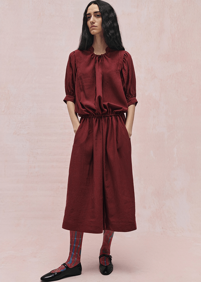 GATHERED WAIST BALLOON SLEEVE MIDI DRESS - Vera Lumina