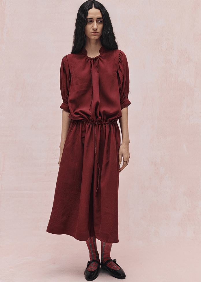 GATHERED WAIST BALLOON SLEEVE MIDI DRESS - Vera Lumina