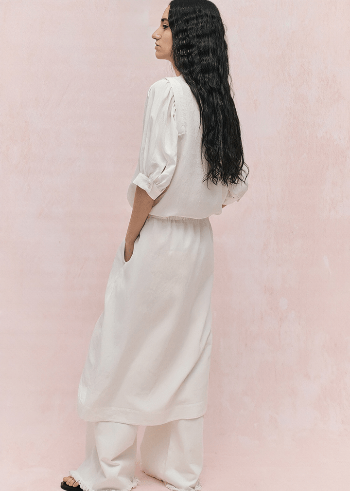 GATHERED WAIST BALLOON SLEEVE MIDI DRESS - Vera Lumina
