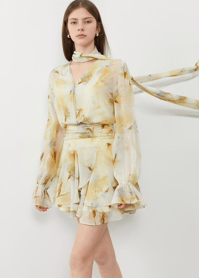 GILDED PUSSY BOW FLUTTER DRESS - Vera Lumina