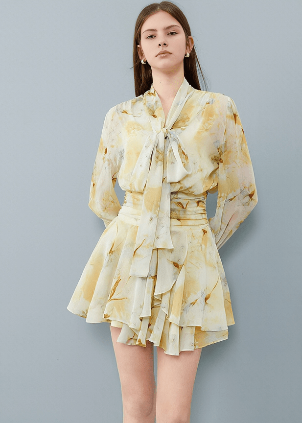 GILDED PUSSY BOW FLUTTER DRESS - Vera Lumina