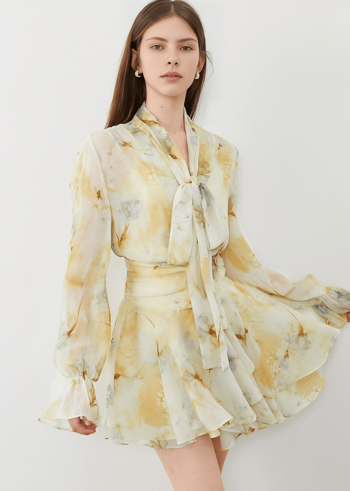 GILDED PUSSY BOW FLUTTER DRESS - Vera Lumina