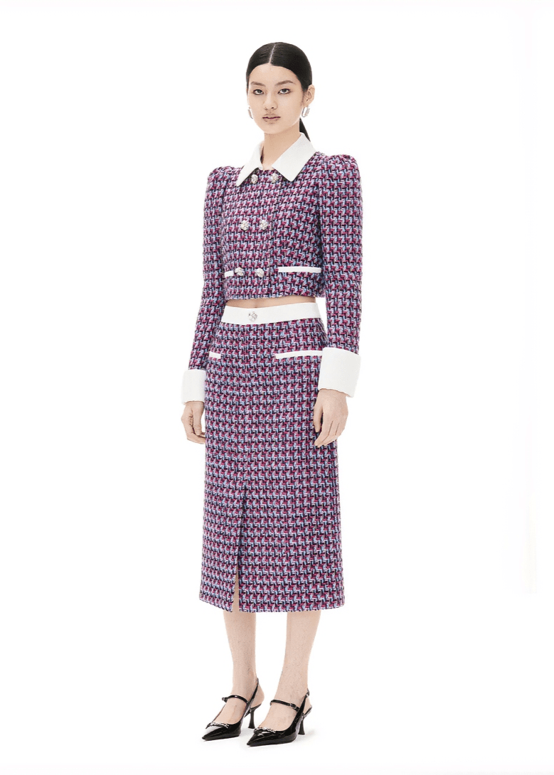grid plaid tweed pattern jacket skirt - Vera Lumina