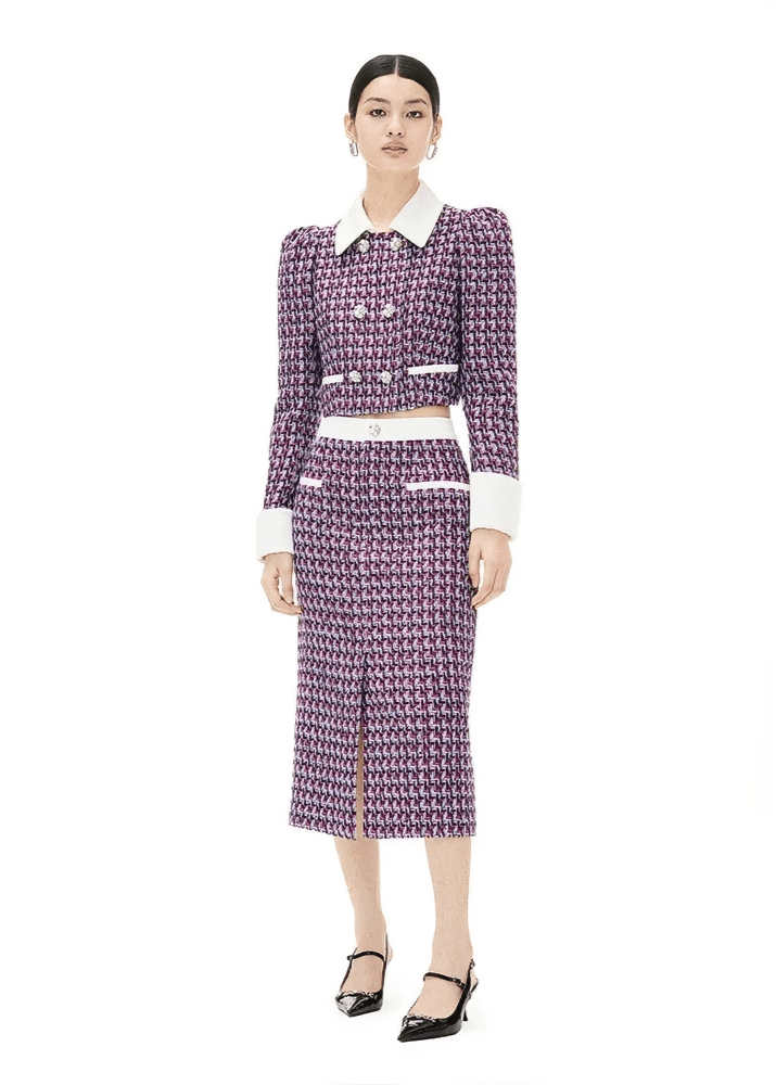 grid plaid tweed pattern jacket skirt - Vera Lumina