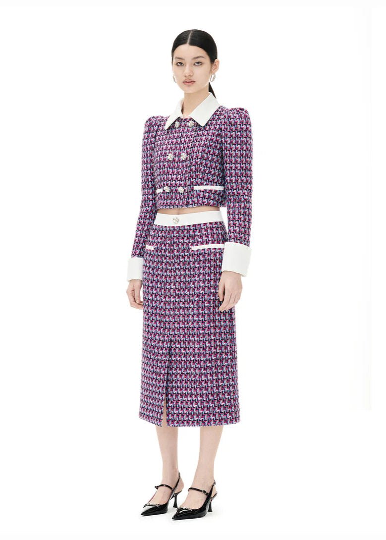 grid plaid tweed pattern jacket skirt - Vera Lumina