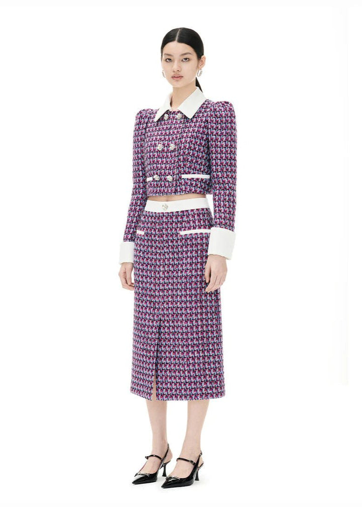 grid plaid tweed pattern jacket skirt - Vera Lumina
