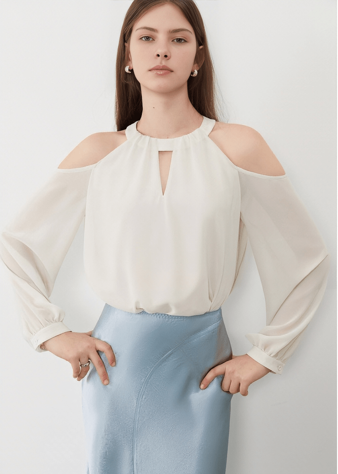 HALTER KEYHOLE COLD SHOULDER BLOUSE - Vera Lumina