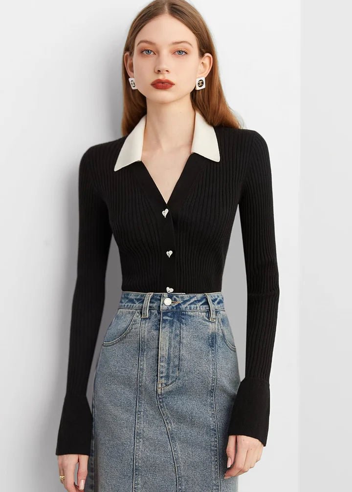 Heart Button Collared Knit Cardigan - Vera Lumina
