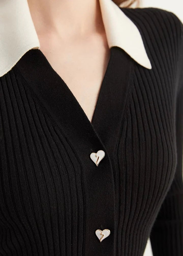 Heart Button Collared Knit Cardigan - Vera Lumina