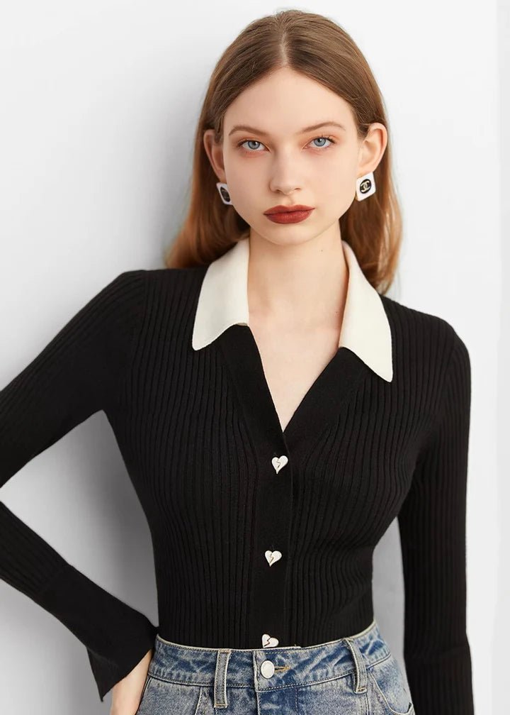 Heart Button Collared Knit Cardigan - Vera Lumina