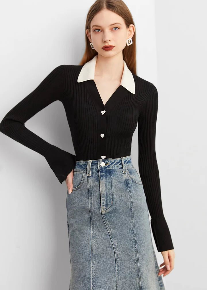 Heart Button Collared Knit Cardigan - Vera Lumina