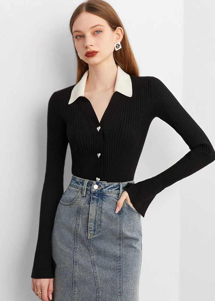 Heart Button Collared Knit Cardigan - Vera Lumina