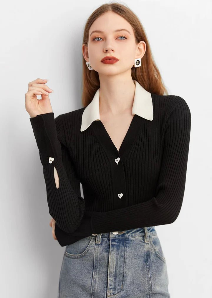 Heart Button Collared Knit Cardigan - Vera Lumina