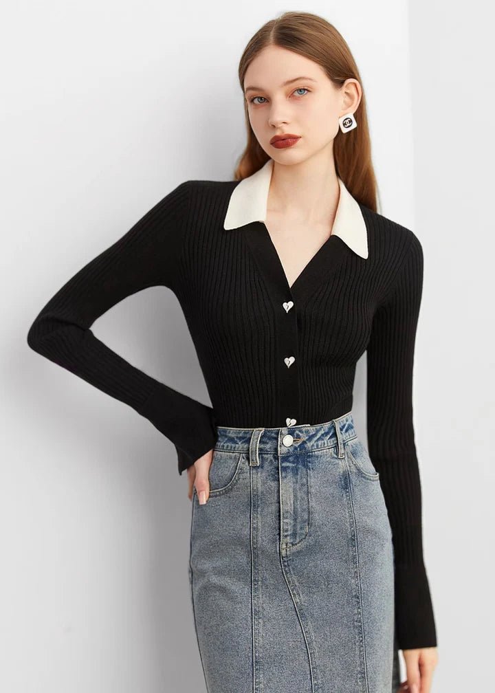 Heart Button Collared Knit Cardigan - Vera Lumina