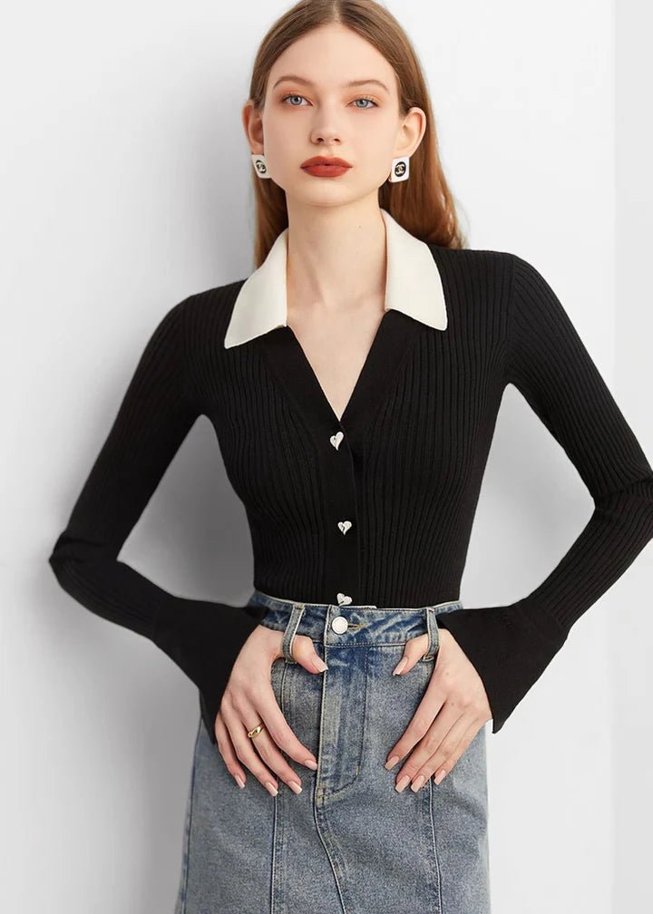 Heart Button Collared Knit Cardigan - Vera Lumina