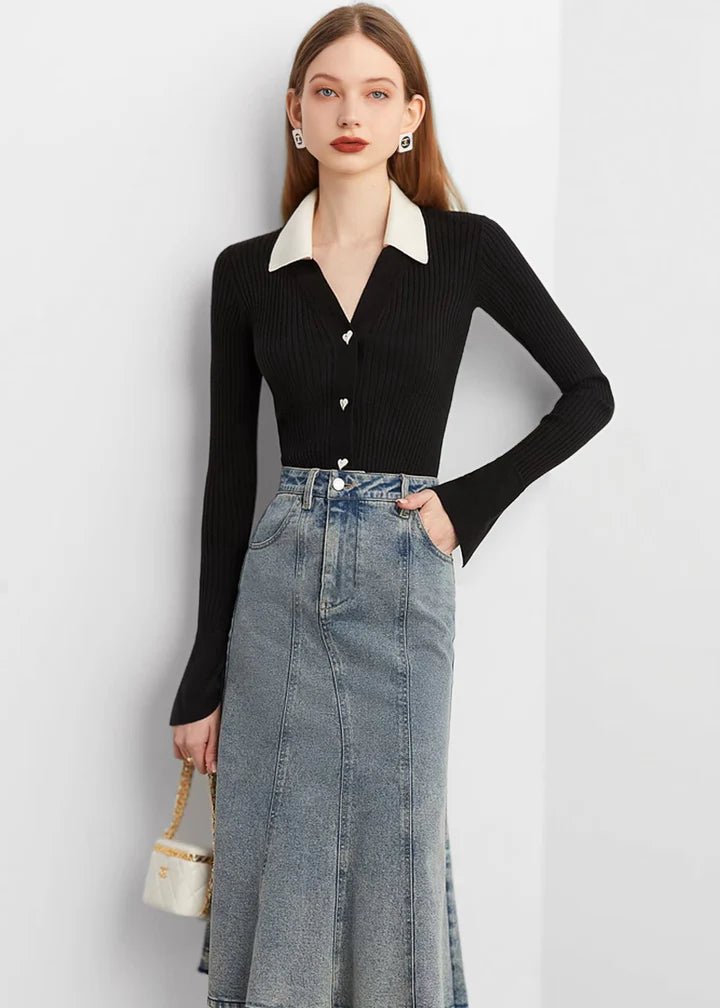 Heart Button Collared Knit Cardigan - Vera Lumina