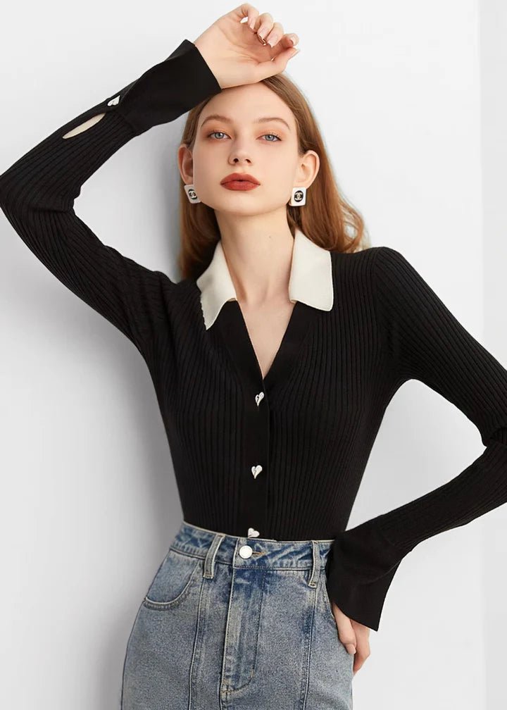 Heart Button Collared Knit Cardigan - Vera Lumina