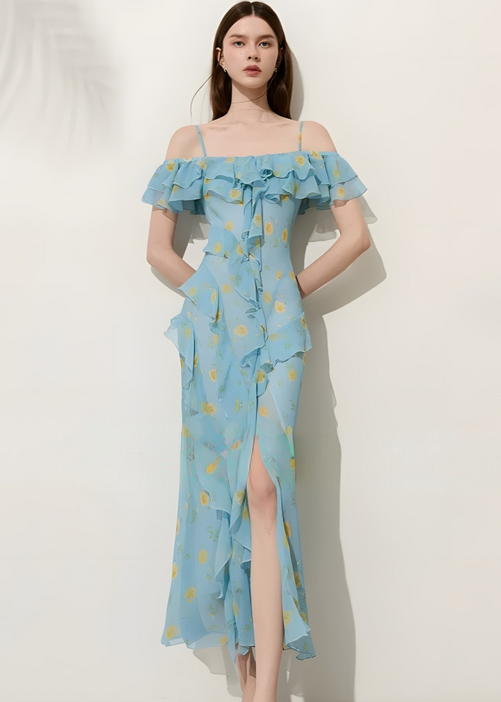 Bedrucktes, schulterfreies Maxikleid mit Rüschen