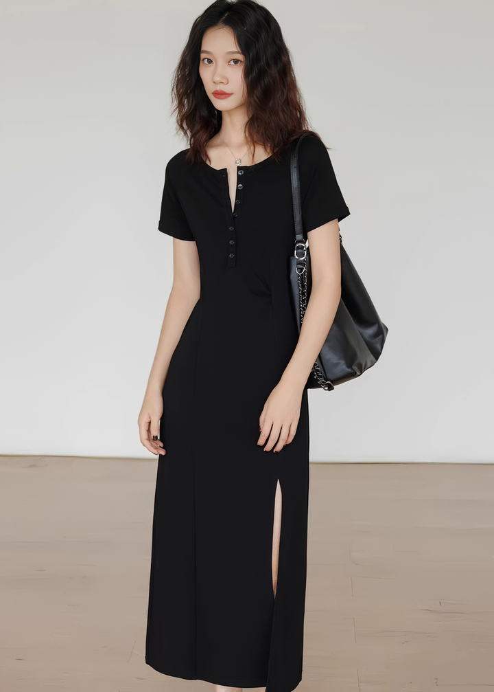 ヘンリーネックサイドスリットマキシワンピース