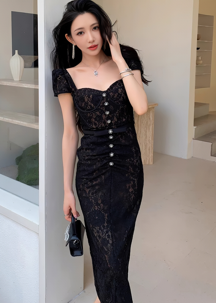 Bijou 紐扣緊身胸衣蕾絲美人魚連身裙