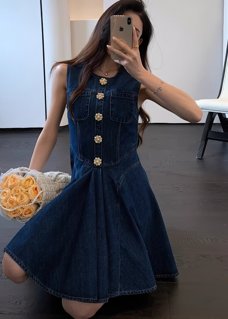 花朵寶石紐帶喇叭牛仔連身裙