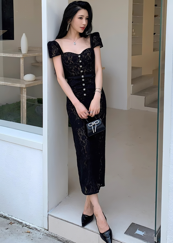 Bijou 紐扣緊身胸衣蕾絲美人魚連身裙